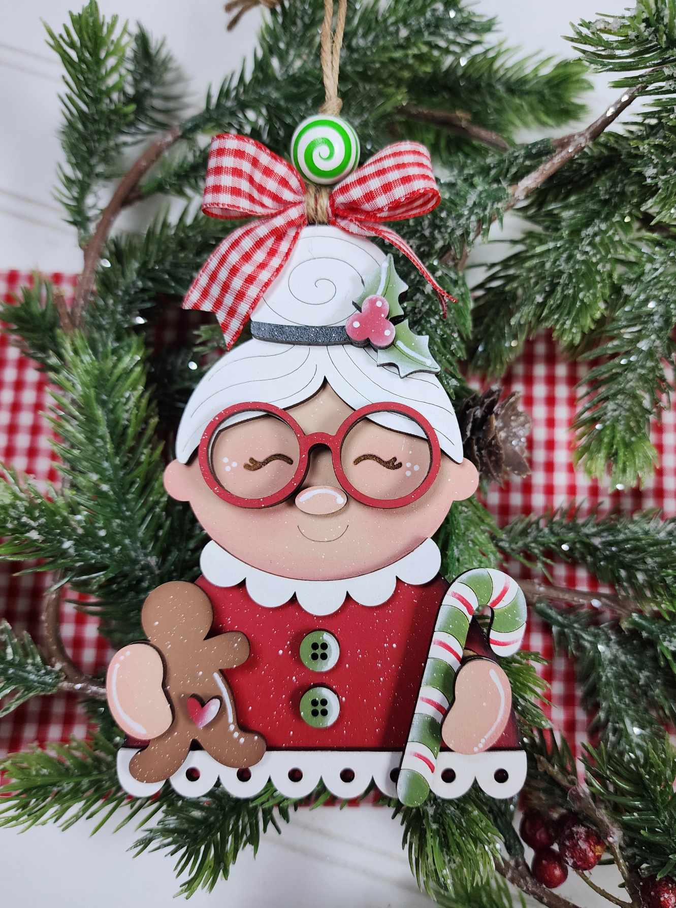 Mrs Clause w/candy cane Painted Ornament