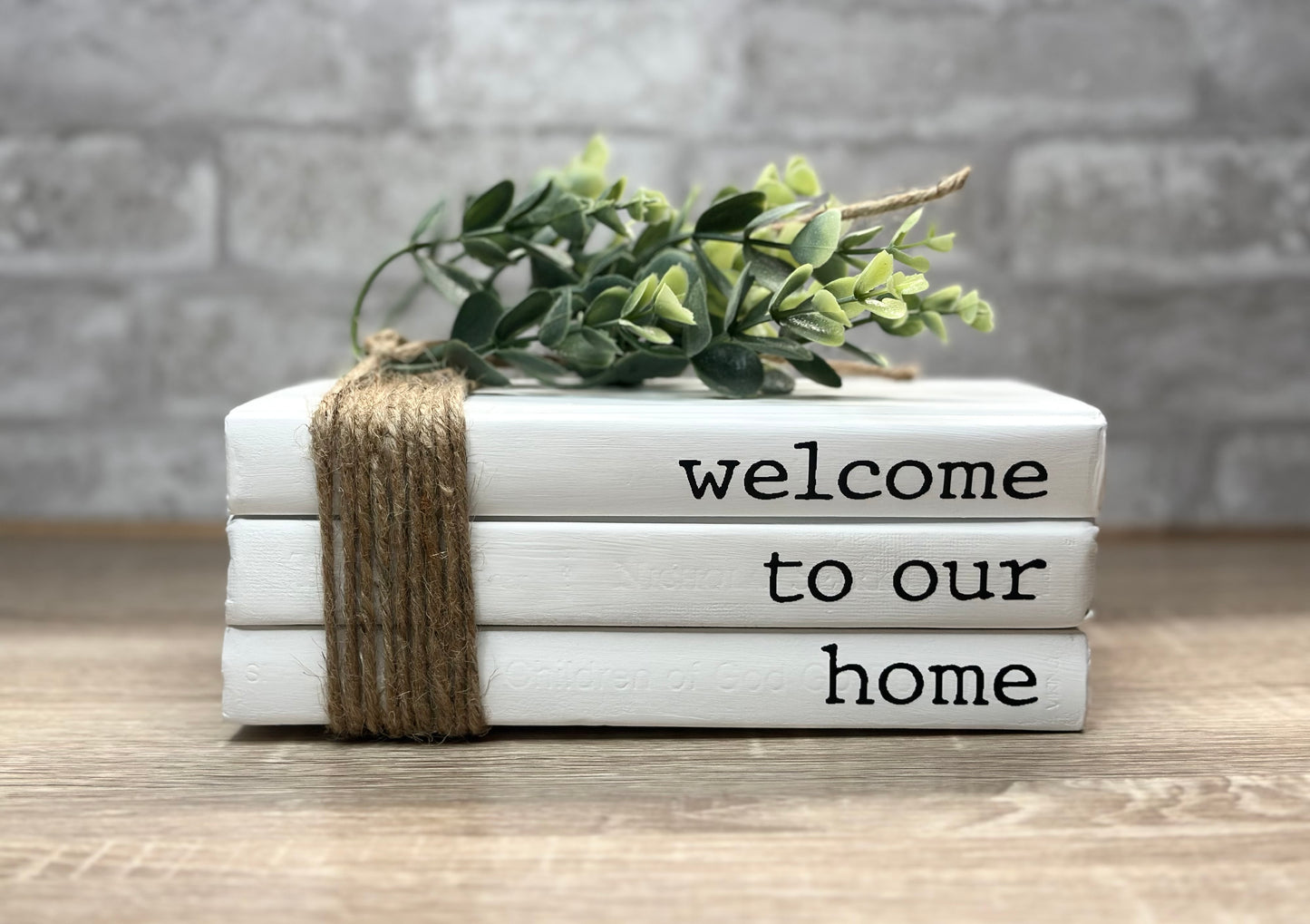 Decorative Books, Farmhouse Book Stacks, Table décor, welcome to our home