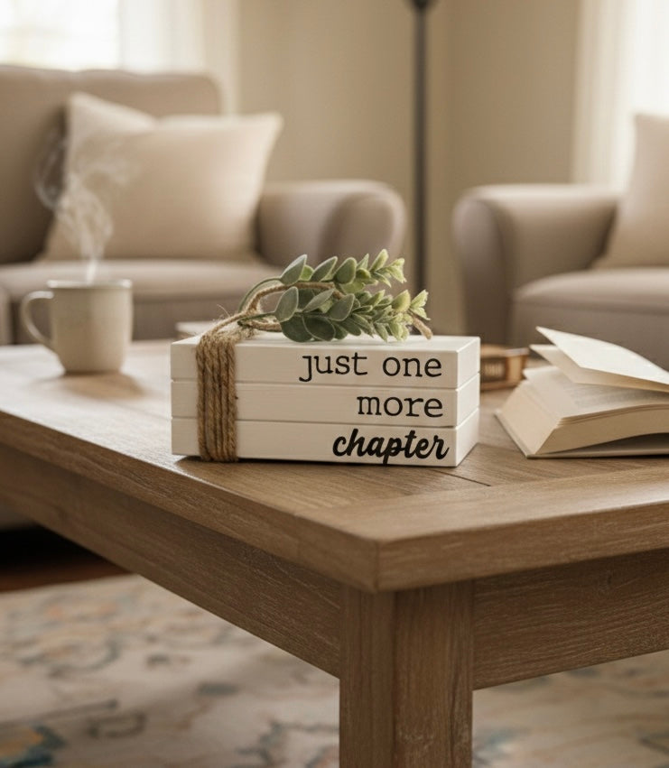 Just One More Chapter Wooden Book Stack | Book Lover Decor | Reading Nook & Shelf Decor