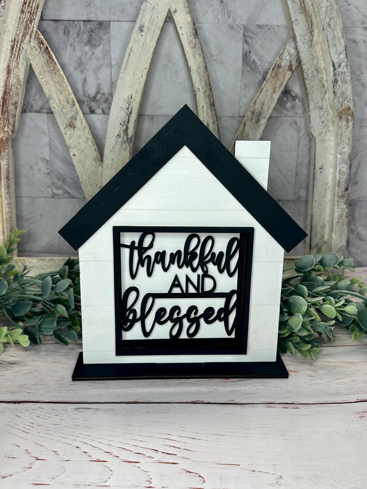 Interchangeable House, Home Decor, Thankful and Blessed, shelf sitter