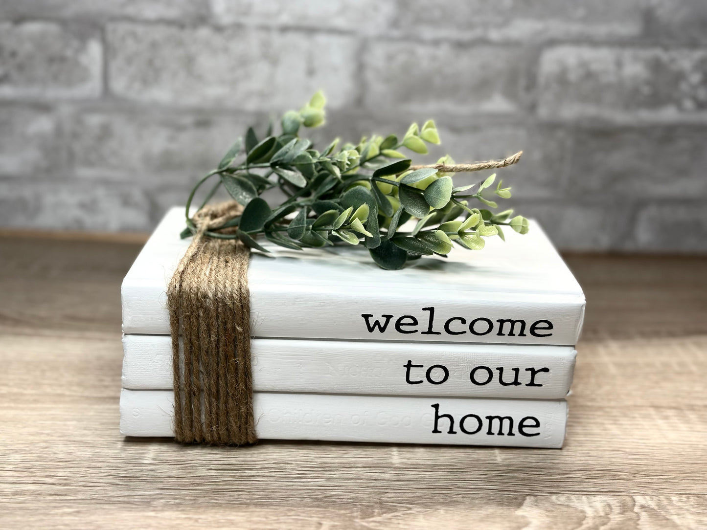 Decorative Books, Farmhouse Book Stacks, Table décor, welcome to our home