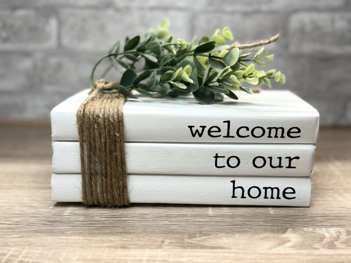 Decorative Books, Farmhouse Book Stacks, Table décor, welcome to our home