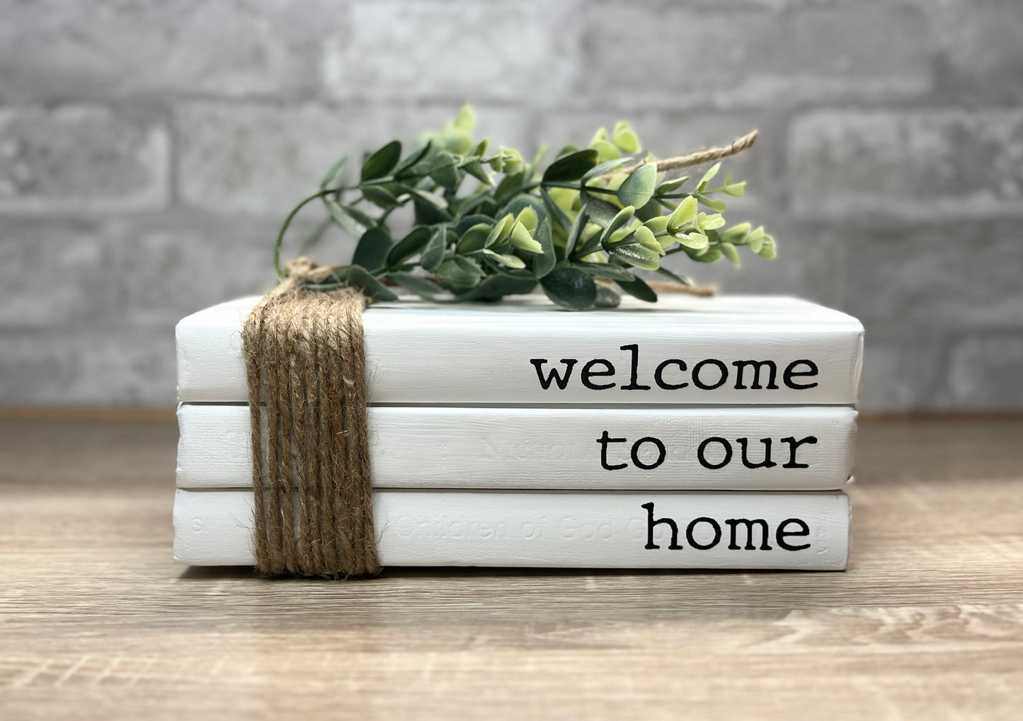 Decorative Books, Farmhouse Book Stacks, Table décor, welcome to our home