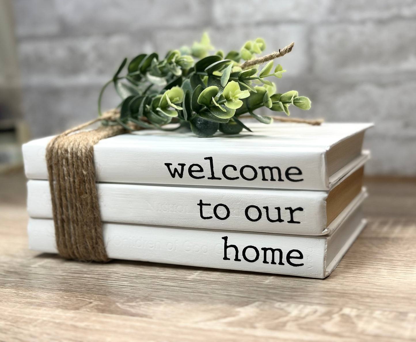 Decorative Books, Farmhouse Book Stacks, Table décor, welcome to our home