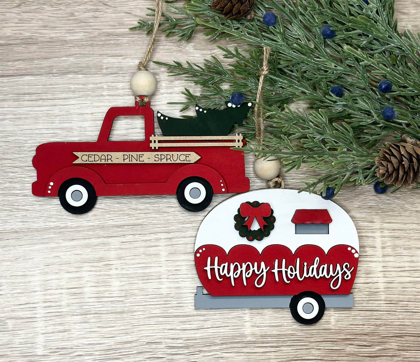 Truck and Camper Ornament Pair