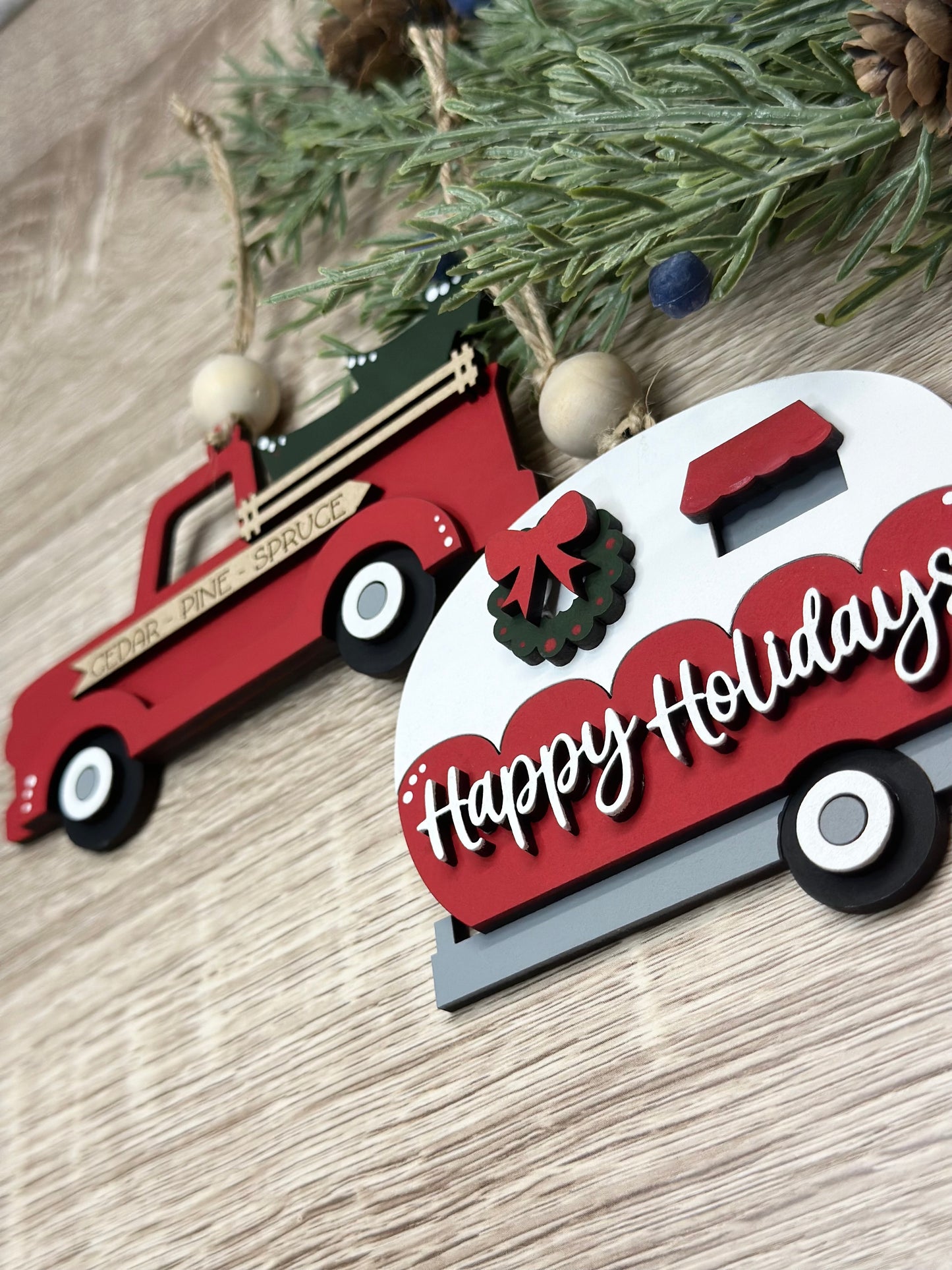 Truck and Camper Ornament Pair