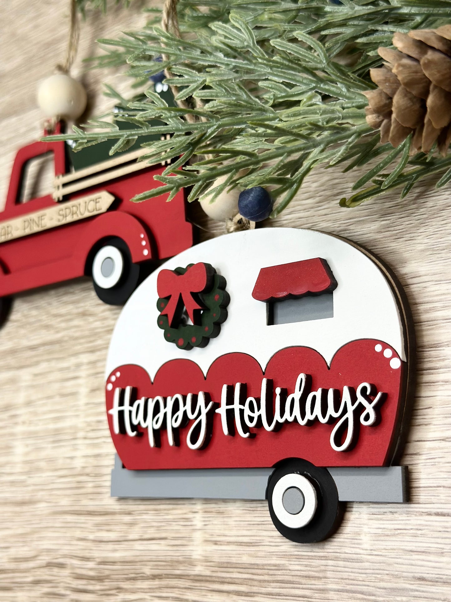 Truck and Camper Ornament Pair