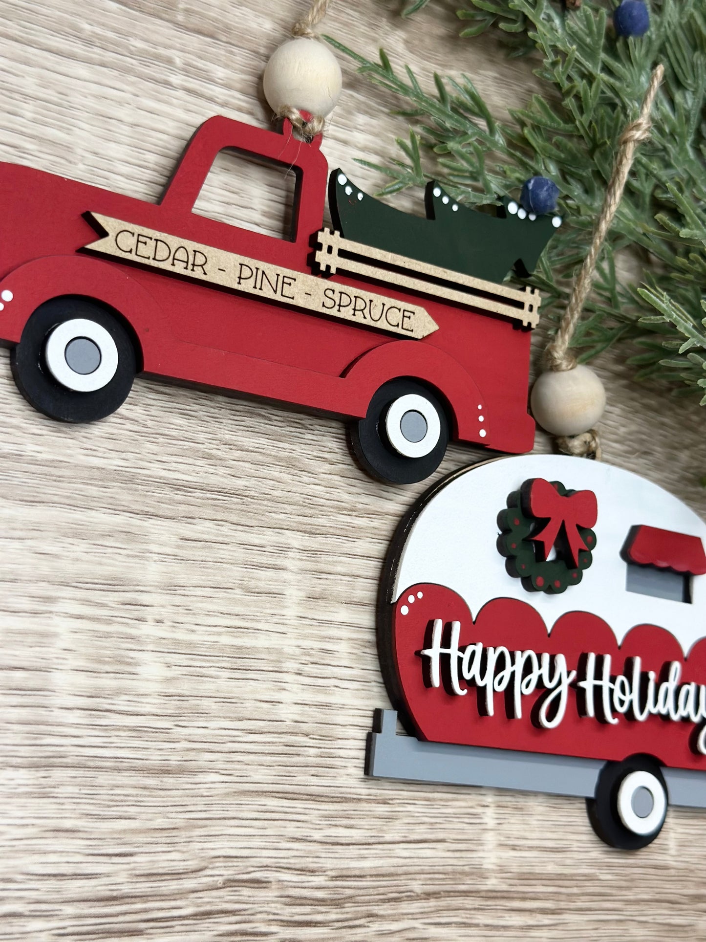 Truck and Camper Ornament Pair