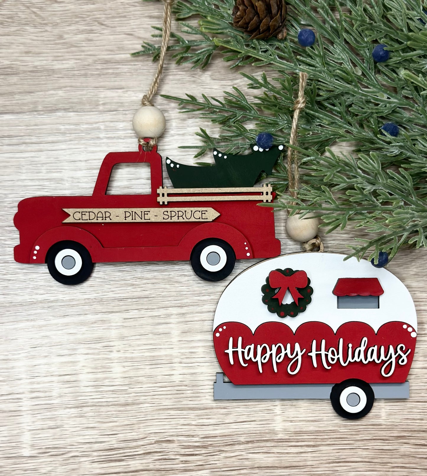 Truck and Camper Ornament Pair